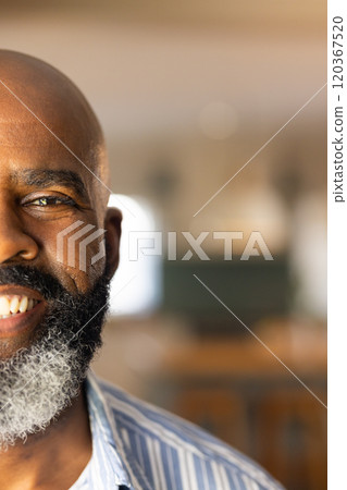 Smiling african american senior man with beard in casual shirt at home, copy space 120367520
