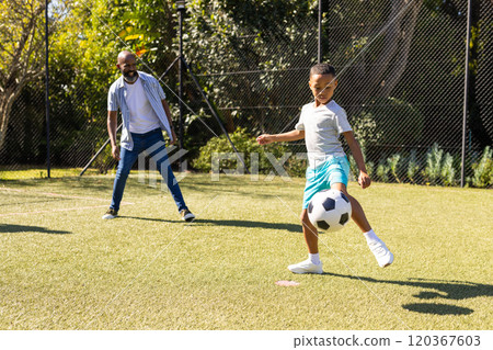 Playing soccer, grandson kicking ball while grandfather watching on outdoor field 120367603