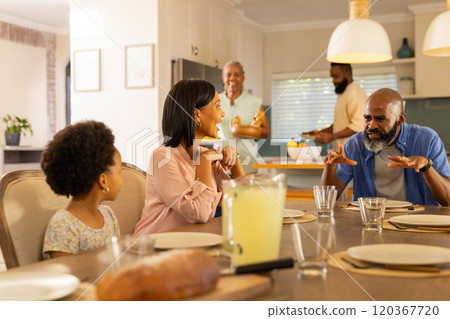 Enjoying meal and conversation, multigenerational family gathering around dining table at home Enjoying meal and conversation, multigenerational family gathering around dining table at home 120367720
