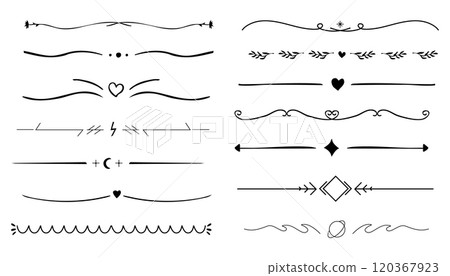 Swirl line divider, doodle decorative fancy ornament border, simple hand drawn frame. Retro curve set flourish thin decorations. 120367923