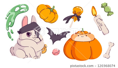 Playful Halloween set with kawaii kids elements. Playful Halloween set with kawaii kids elements. 120368074