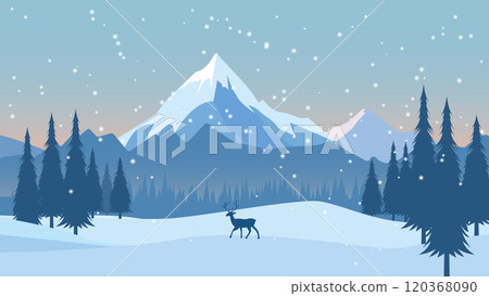 Deer Roe Animal Silhouette in Pine Trees Forest with Ice Mountain View in Snow Winter Season Deer Roe Animal Silhouette in Pine Trees Forest with Ice Mountain View in Snow Winter Season 120368090