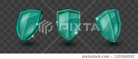 Green glass shields set on transparent background Green glass shields set on transparent background 120368092