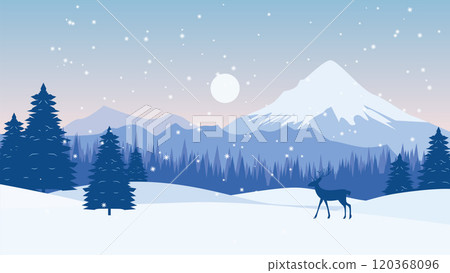 Deer Roe Animal Silhouette in Pine Trees Forest with Ice Mountain View in Snow Winter Season 120368096