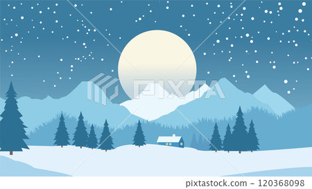 Home House in the Middle of Forest with Winter Snow Mountain and Full Moon in Night Sky 120368098