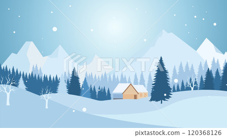 Home House in the Middle of Forest with Winter Snow Mountain in Bright Sky Home House in the Middle of Forest with Winter Snow Mountain in Bright Sky 120368126