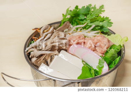 A one-person hotpot with plenty of ingredients A one-person hotpot with plenty of ingredients 120368211