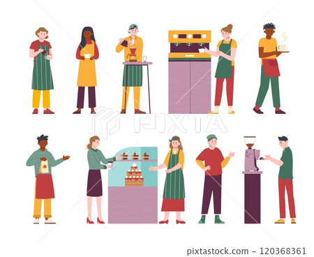 Students working in coffee shop. Girl boy cook coffee, espresso americano and sell sweet fresh bakes, cakes and muffins. Splendid vector characters Students working in coffee shop. Girl boy cook coffee, espresso americano and sell sweet fresh bakes, cakes and muffins. Splendid vector characters 120368361