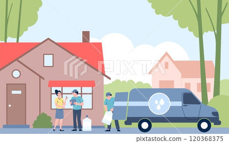 Water delivery at home. Couriers transported giant plastic bottles to client house. Drivers unloading logistic truck, high service, recent vector scene 120368375