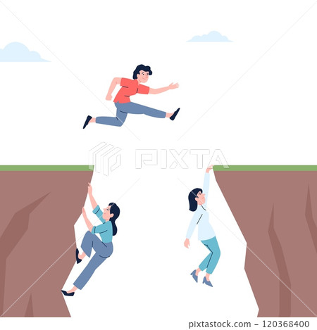 People climbing and jump over mountain hole. Career growth and development, self hard work without help and support. Vector scene 120368400