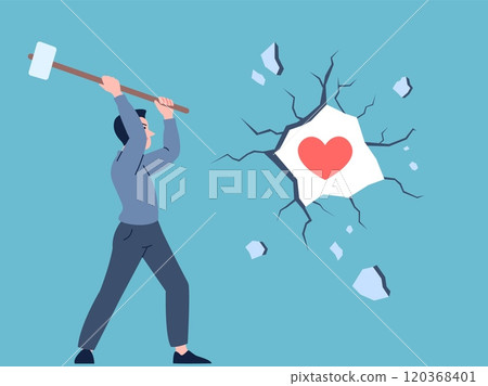 Man with hammer broken stone wall and frees heart. Person reading for new relationship, mental or psycho trauma is over, recovery of feelings vector scene 120368401