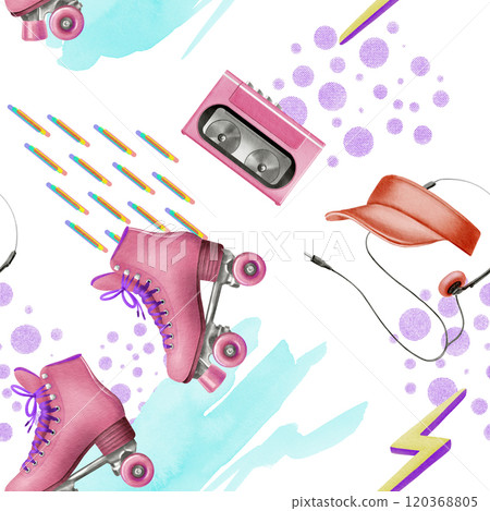 Seamless pattern in 80's,90's style from retro player with headphones,sun visor,roller skates,comic strip style,dashes with rainbow offset,lightning bolt acid color yellow with purple,watercolor spots 120368805