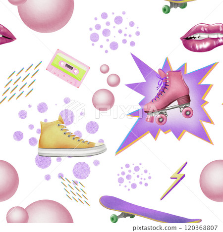 Seamless pattern in 80's,90's style from cassete,roller skates,skateboard,sexy woman lips,bubble gum,comic strips,dashes with rainbow offset,lightning bolt acid color yellow with purple,shark blast 120368807