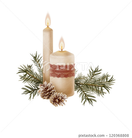 Vintage wax candles in Christmas arrangement with flame,red openwork lace ribbon,fir cones and spruce sprigs.Hand drawn illustration isolated on white background for greetings,cards and invitations 120368808