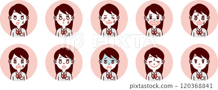 Student/high school girl facial expression icon set (troubled/anxious) / pink background 120368841
