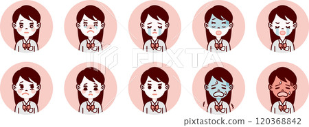 Student/high school girl facial expression icon set (sad, cold, hot) / pink background 120368842