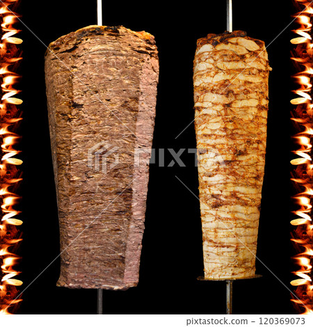 Turkish dining traditional meat and chicken doner kebab, transparent doner poster brochure, flaming doner kebab design isolated Turkish dining traditional meat and chicken doner kebab, transparent doner poster brochure, flaming doner kebab design isolated 120369073