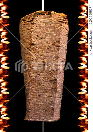 Turkish dining traditional meat doner kebab, Turkish cuisine doner kebab, transparent doner poster brochure, flaming doner kebab design isolated Turkish dining traditional meat doner kebab, Turkish cuisine doner kebab, transparent doner poster brochure, flaming doner kebab design isolated 120369074