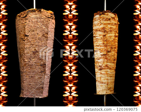 Turkish dining traditional meat and chicken doner kebab, transparent doner poster brochure, flaming doner kebab design isolated 120369075