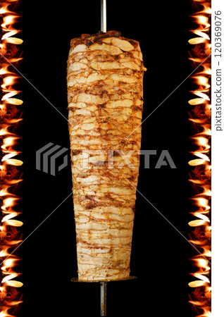 Turkish dining traditional meat chicken doner kebab, Turkish cuisine doner kebab, transparent doner poster brochure, flaming doner kebab design isolated 120369076