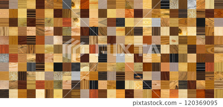Wooden square marquetry can be patterns created from the combination of pine and walnut wood, wooden floor, parquet, cutting board, seamless texture 120369095