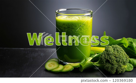 Text "Wellness" The background is vegetable smoothie. Text "Wellness" The background is vegetable smoothie. 120369180