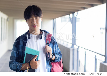 Carrying books and backpack, asian teenage boy standing in school hallway, looking confident 120369346