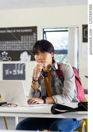 In school, asian teenage boy with backpack using laptop and thinking in classroom In school, asian teenage boy with backpack using laptop and thinking in classroom 120369366