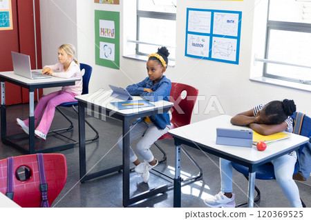 In school, multiracial girls using tablets and laptop in classroom, studying attentively In school, multiracial girls using tablets and laptop in classroom, studying attentively 120369525