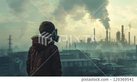A kid boy wears a mask in a polluted city. The concept of urban environmental challenges, air quality, and protecting future generations. Generative AI. 120369541