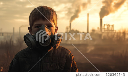 A kid boy wears a mask in a polluted city. The concept of urban environmental challenges, air quality, and protecting future generations. Generative AI. 120369543