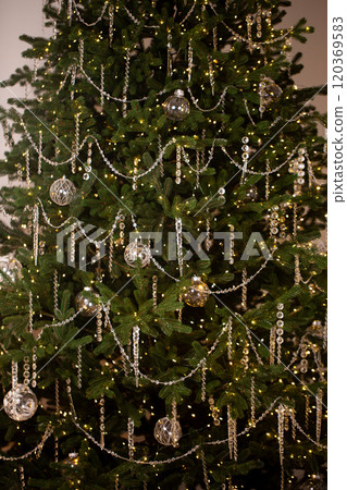 A Christmas tree with ornaments and lights A Christmas tree with ornaments and lights 120369583