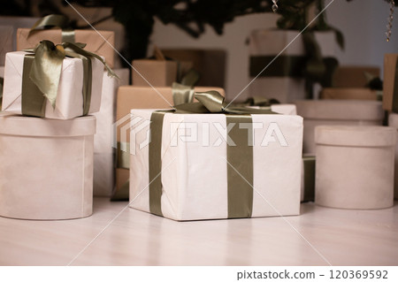 Many gift boxes with ribbons. Christmas concept 120369592