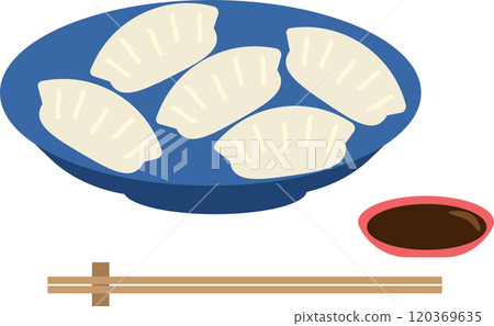 Illustration of dumplings and sauce served on a plate 120369635