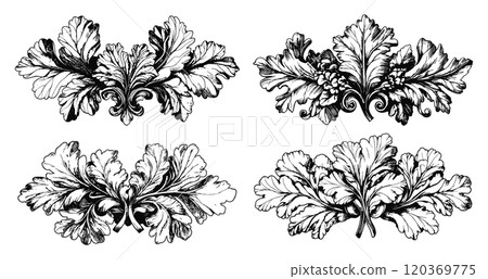 Ornate Leaf Arrangements Collection Linocut Vector Illustrations on White Decorative Botanical Nature Foliage Art Floral Style Greenery Leaves Intricate Detail Rustic Design Forest 120369775