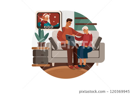 Father and his girl video calling a family member 120369945