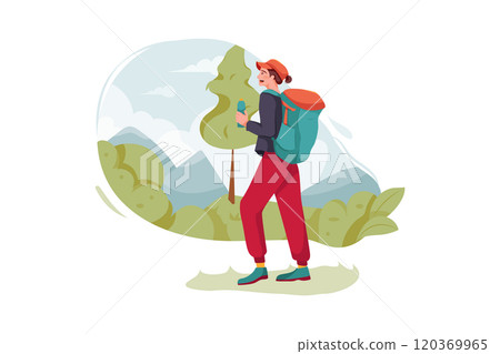 Girl with a backpack going trekking Girl with a backpack going trekking 120369965