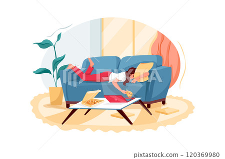 Relaxed young woman lying on a sofa watching a film on a laptop with a pizza delivery box 120369980