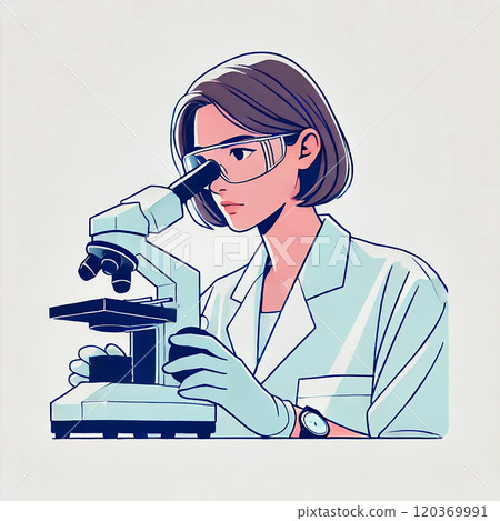 Female researcher using a microscope - scientific research in the lab illustration 120369991