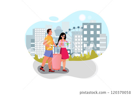 Happy couple on vacation sightseeing city with map Happy couple on vacation sightseeing city with map 120370058