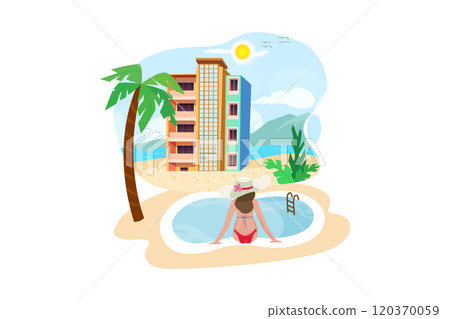 Woman enjoying vacation holidays at luxurious beachfront hotel resort with swimming pool and tropical landscape near the beach. Woman enjoying vacation holidays at luxurious beachfront hotel resort with swimming pool and tropical landscape near the beach. 120370059