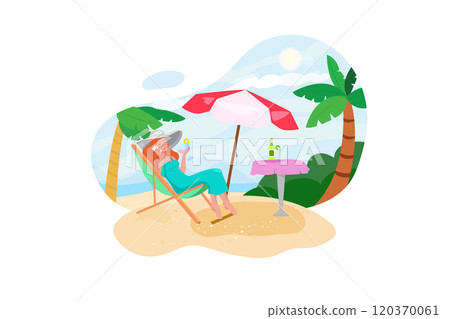 Summer travel beach vacation concept, Traveler asian woman with hat and dress relax on chair beach 120370061
