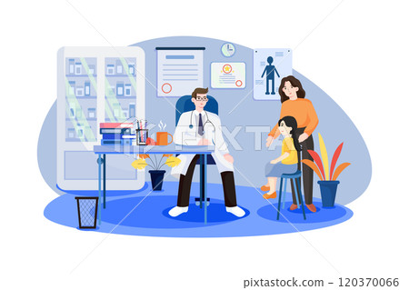 Pediatrician and woman with girl in medical office Pediatrician and woman with girl in medical office 120370066