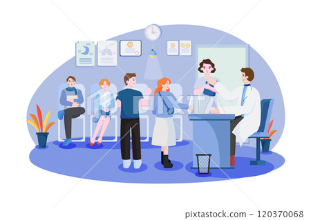Patients and doctors meeting and waiting in clinic hall. Patients waiting in the queue. Patients and doctors meeting and waiting in clinic hall. Patients waiting in the queue. 120370068