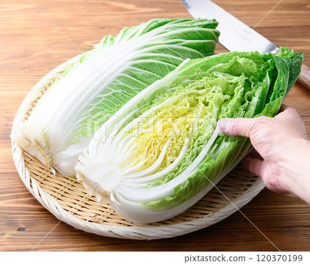 Fresh winter cabbage (half cut) on a wood grain background 120370199