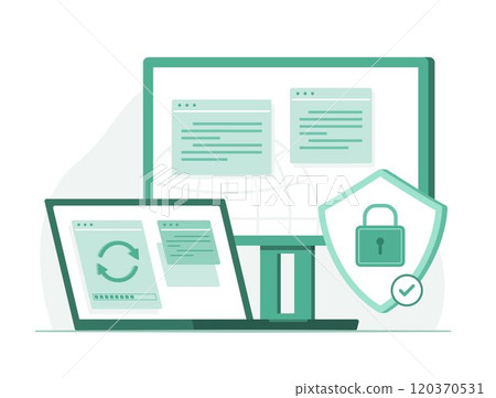 Laptop Computer and Desktop PC Computer Updating Security Data for Cyber Security Concept Illustration 120370531