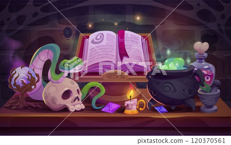 Wizard table. Wizards magical or witch workspace magic lab room cartoon interior, magical book potion skull on magician desk, alchemy school house swanky house vector illustration 120370561