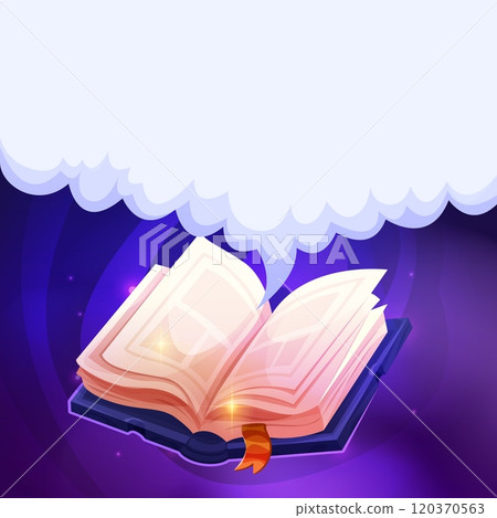 Open book with cloud. Discussing reading books concept, cartoon textbook empty speech bubble white smoke, school library bookstore speaking think diary, swanky vector illustration Open book with cloud. Discussing reading books concept, cartoon textbook empty speech bubble white smoke, school library bookstore speaking think diary, swanky vector illustration 120370563