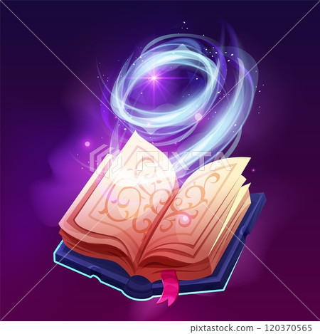 Spell book cast. Fantasy rpg game books spelled magic spells, wizard or witch casting spelling glow energy witchcraft sprite, cartoon fairytale storybook swanky vector illustration 120370565