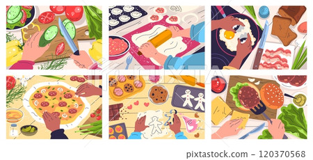 Hand cooking processes. Chef cook hands preparing food ingredients, cut vegetable kitchen table top view, meal preparation together workshop cookery set classy vector illustration 120370568